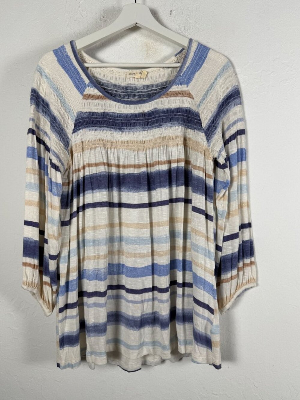 Meadow Rue Anthropologie Blouse Womens XL Blue Cream Striped Smocked Boho Tunic
